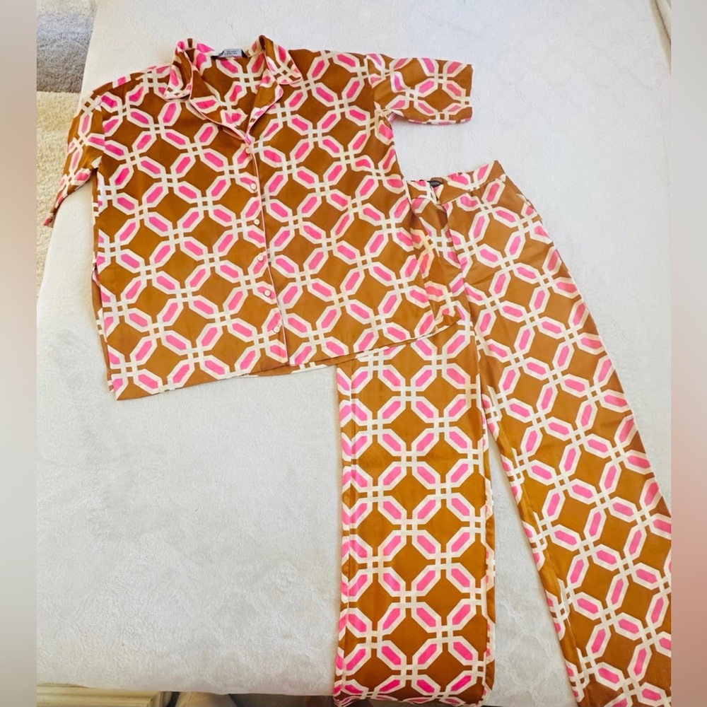 Zara Womens Pink Pajama Style Shirt Pants 2 Piece Set Size M